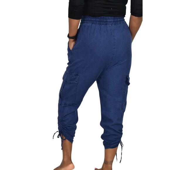 Zara Cargo Pants Blue High Waisted Ruched Crop Jogger Elastic Linen Size Small - Picture 2 of 14